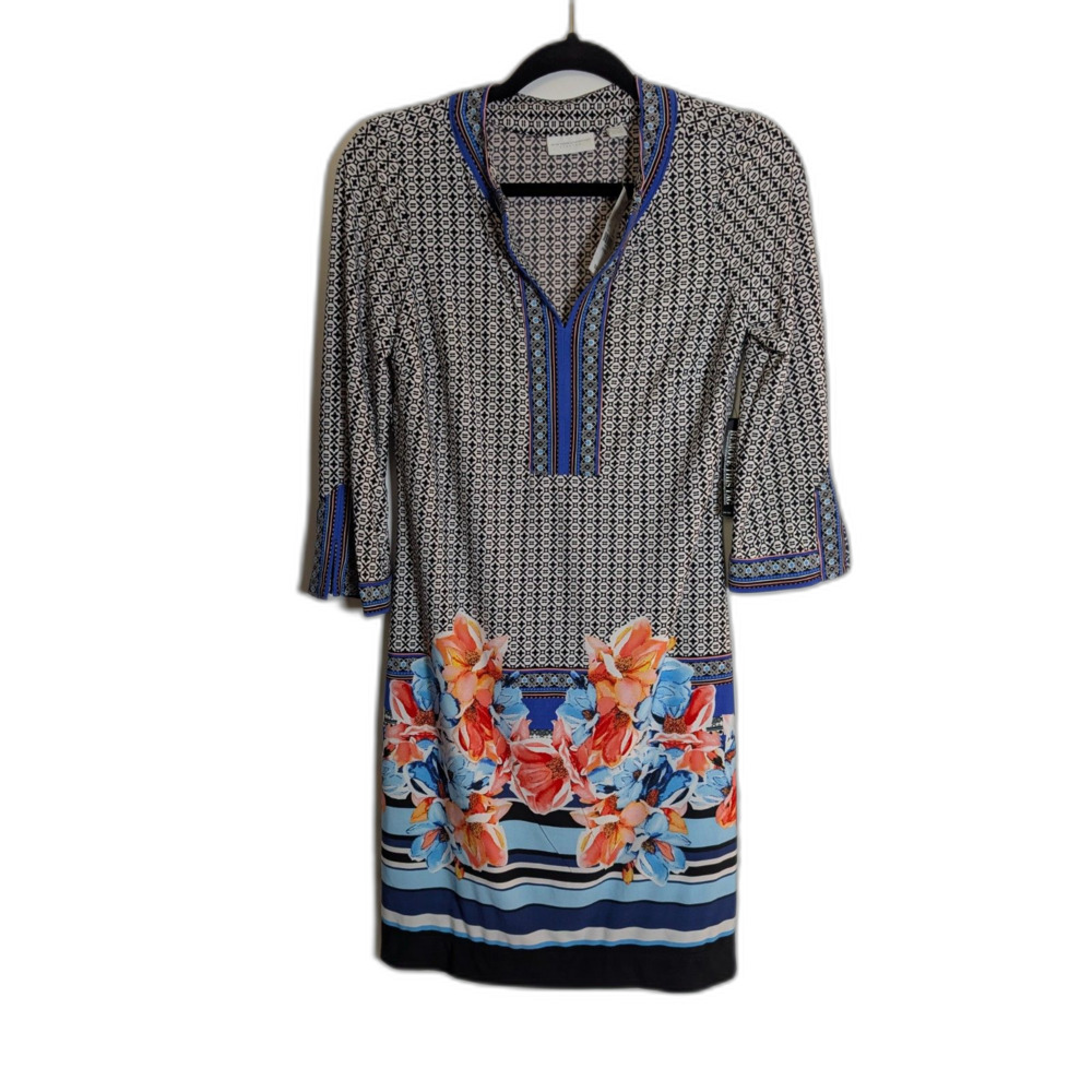 New York & Company Stretch Geometric Floral Tunic Dress XS Blue Black - Picture 2 of 6